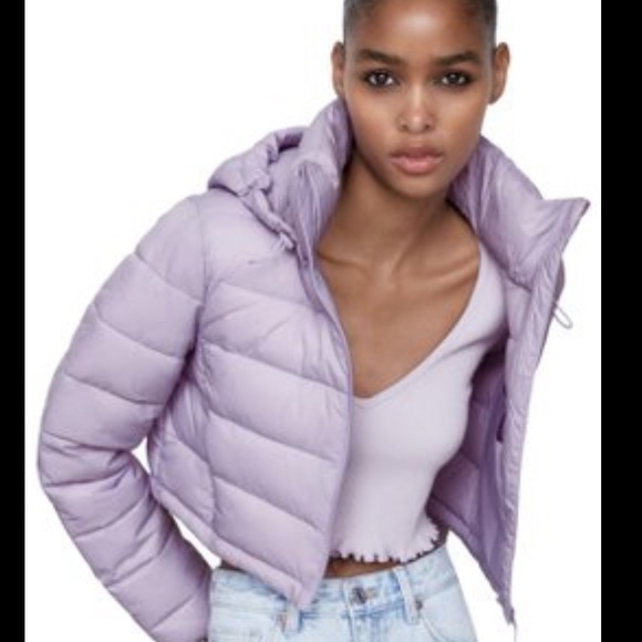 Zara water repelllent cropped lila lavender puffer hoodie jacket - Picture 4 of 12